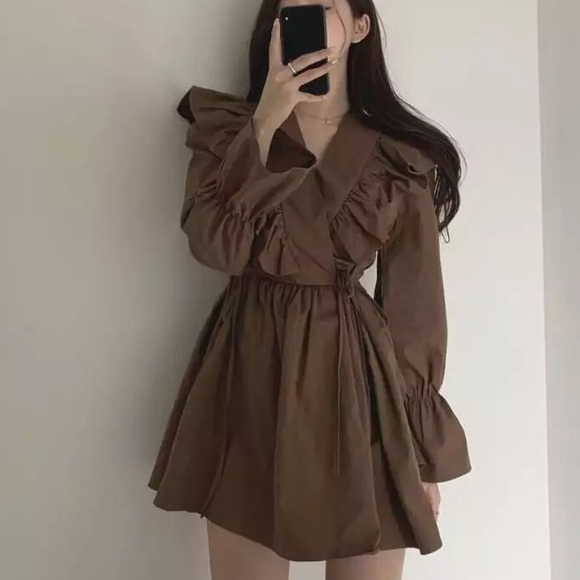 Ruffle dress butterfly mocha brown v-neck womens flare dresses - Picture 5 of 6